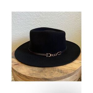 Talbots Black Wool Fedora With Faux Leather/Chain Band